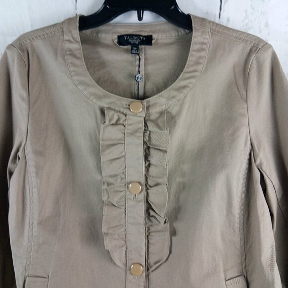 NWT $99 Talbots Petites Womens Size 12P Tan Ruffle Button Front Blazer - Picture 3 of 13